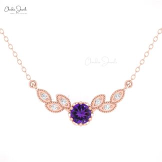 Round Amethyst Angle Wing Necklace In Pure 14k Gold Diamond Dainty Chain Floral Necklaces