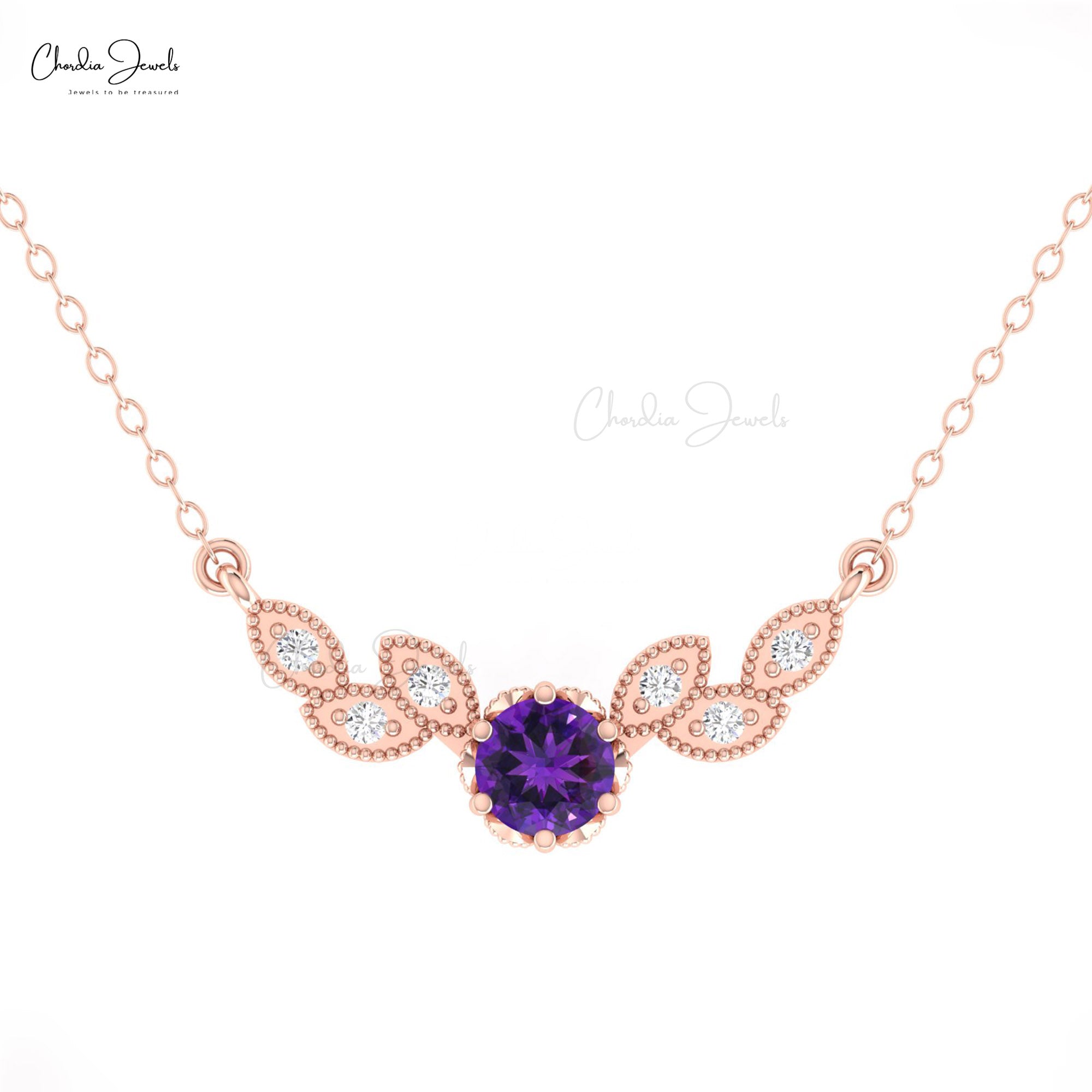 Round Amethyst Angle Wing Necklace In Pure 14k Gold Diamond Dainty Chain Floral Necklaces