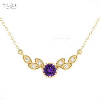 Round Amethyst Angle Wing Necklace In Pure 14k Gold Diamond Dainty Chain Floral Necklaces