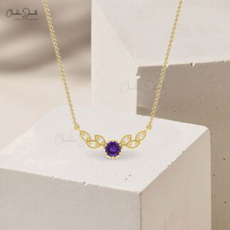 Round Amethyst Angle Wing Necklace In Pure 14k Gold Diamond Dainty Chain Floral Necklaces