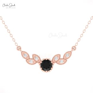 Diamond Wings Chain Necklace With 5mm Round Black Diamond Floral Necklaces In 14k Gold