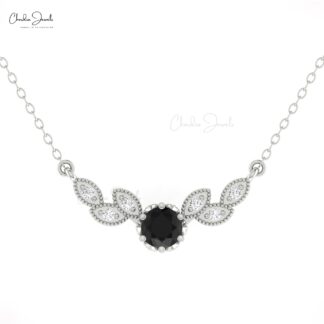 Diamond Wings Chain Necklace With 5mm Round Black Diamond Floral Necklaces In 14k Gold