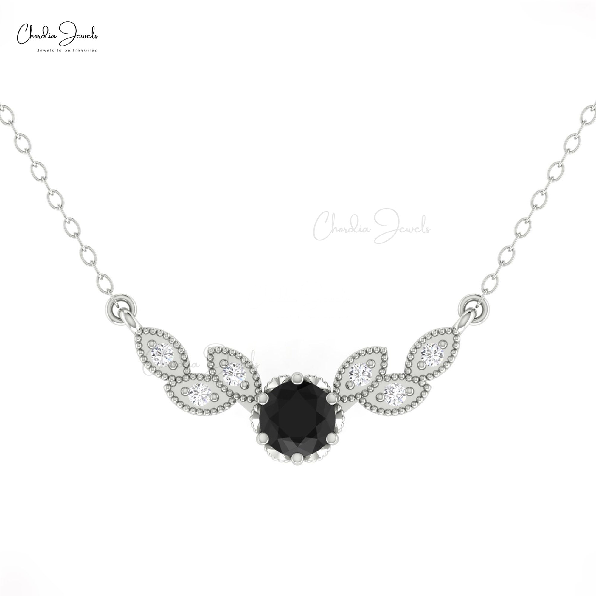 Diamond Wings Chain Necklace With 5mm Round Black Diamond Floral Necklaces In 14k Gold
