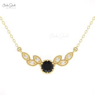 Diamond Wings Chain Necklace With 5mm Round Black Diamond Floral Necklaces In 14k Gold