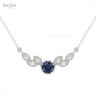 Solid 14k Gold Diamond Wings Necklace With 5mm Blue Sapphire Thin Chain Wedding Necklace