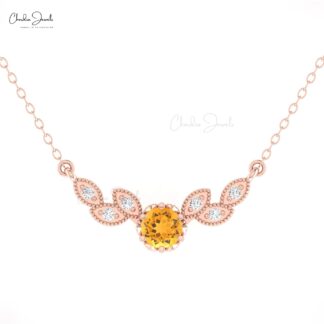 Dual Birthstone Leaf Necklace With 5mm Citrine And Diamond 14k Solid Gold Floral Necklaces