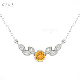 Dual Birthstone Leaf Necklace With 5mm Citrine And Diamond 14k Solid Gold Floral Necklaces