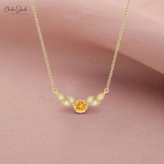 Dual Birthstone Leaf Necklace With 5mm Citrine And Diamond 14k Solid Gold Floral Necklaces