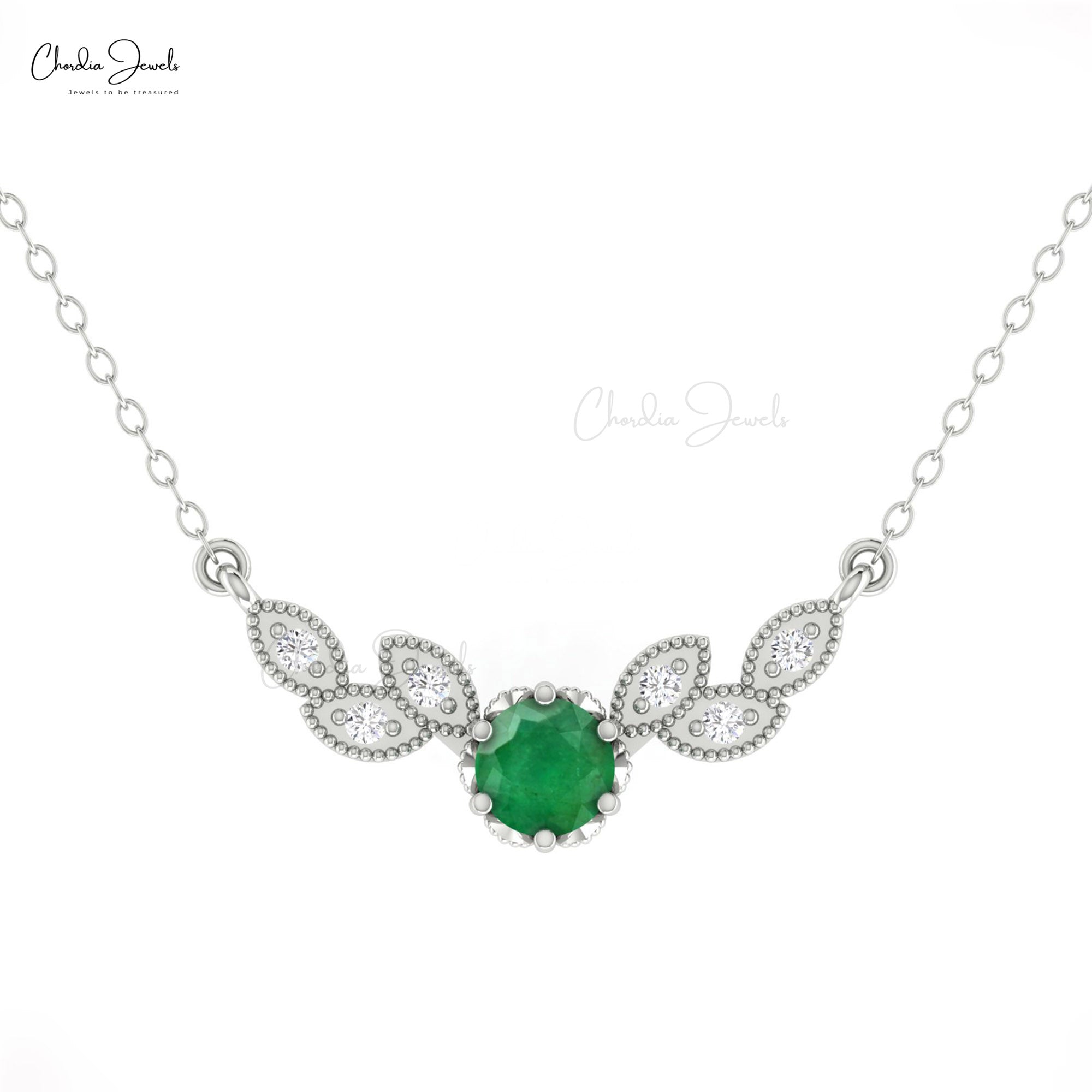 Round Cut Floral Necklace In Real 14k Gold Emerald And Diamond Chain Necklace For Mom