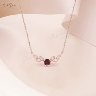 Miligrain Diamond Leaf Necklace With 0.45 Ct Garnet 14k Real Gold Daughter Necklaces