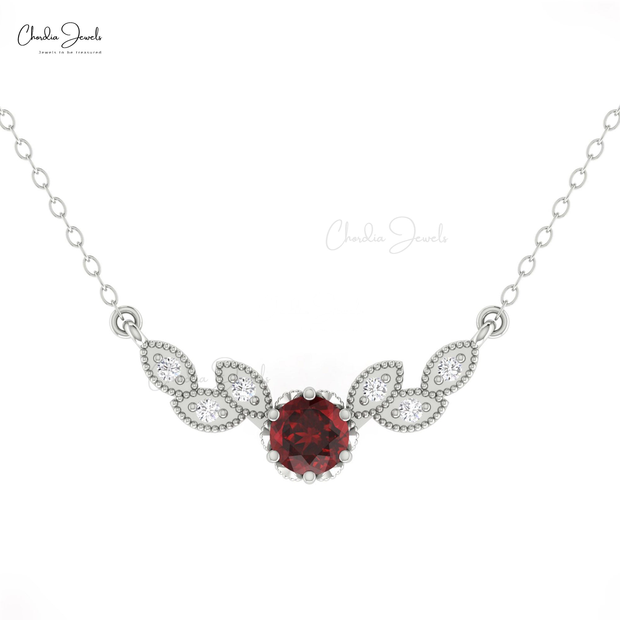 Miligrain Diamond Leaf Necklace With 0.45 Ct Garnet 14k Real Gold Daughter Necklaces