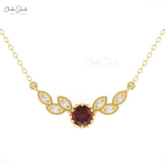 Miligrain Diamond Leaf Necklace With 0.45 Ct Garnet 14k Real Gold Daughter Necklaces