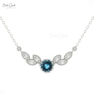 Pure 14k Gold Diamond Wings Necklace With 5mm London Blue Topaz Floral Chain Necklaces