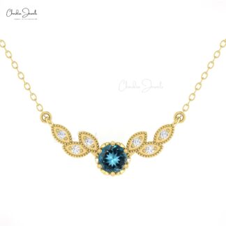 Pure 14k Gold Diamond Wings Necklace With 5mm London Blue Topaz Floral Chain Necklaces