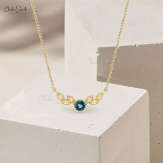 Pure 14k Gold Diamond Wings Necklace With 5mm London Blue Topaz Floral Chain Necklaces