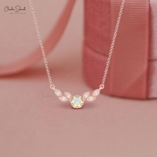 Seven Stone Floral Necklace With 5mm Fire Opal Diamond Wings Necklaces In 14k Pure Gold