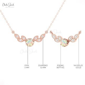 Seven Stone Floral Necklace With 5mm Fire Opal Diamond Wings Necklaces In 14k Pure Gold