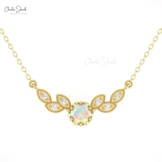 Seven Stone Floral Necklace With 5mm Fire Opal Diamond Wings Necklaces In 14k Pure Gold