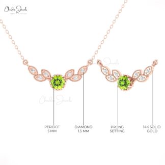 Guardian Angel Wings Necklace In 14k Real Gold Peridot G-H Diamond Leaf Necklace For Wife