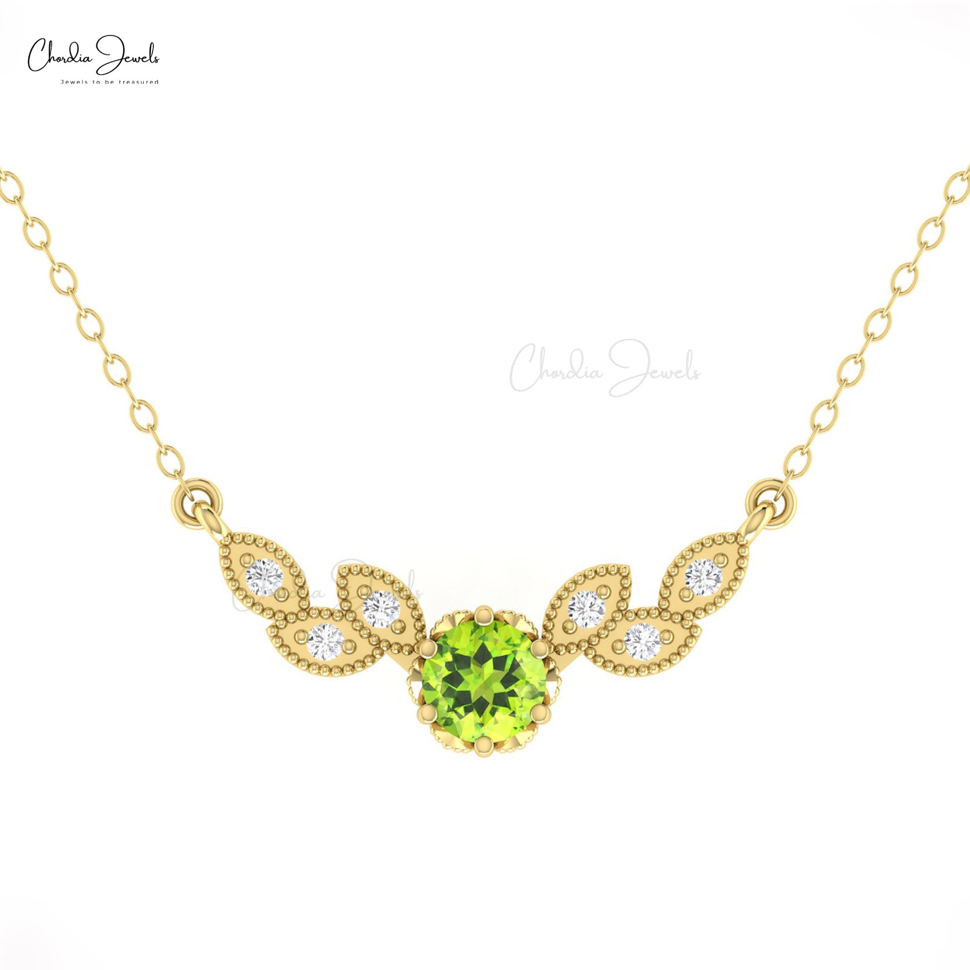 Guardian Angel Wings Necklace In 14k Real Gold Peridot G-H Diamond Leaf Necklace For Wife