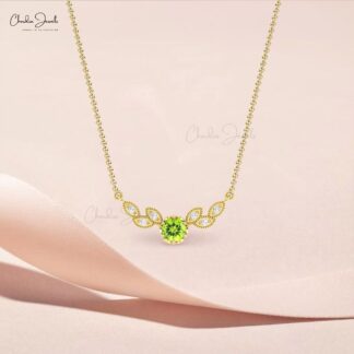 Guardian Angel Wings Necklace In 14k Real Gold Peridot G-H Diamond Leaf Necklace For Wife