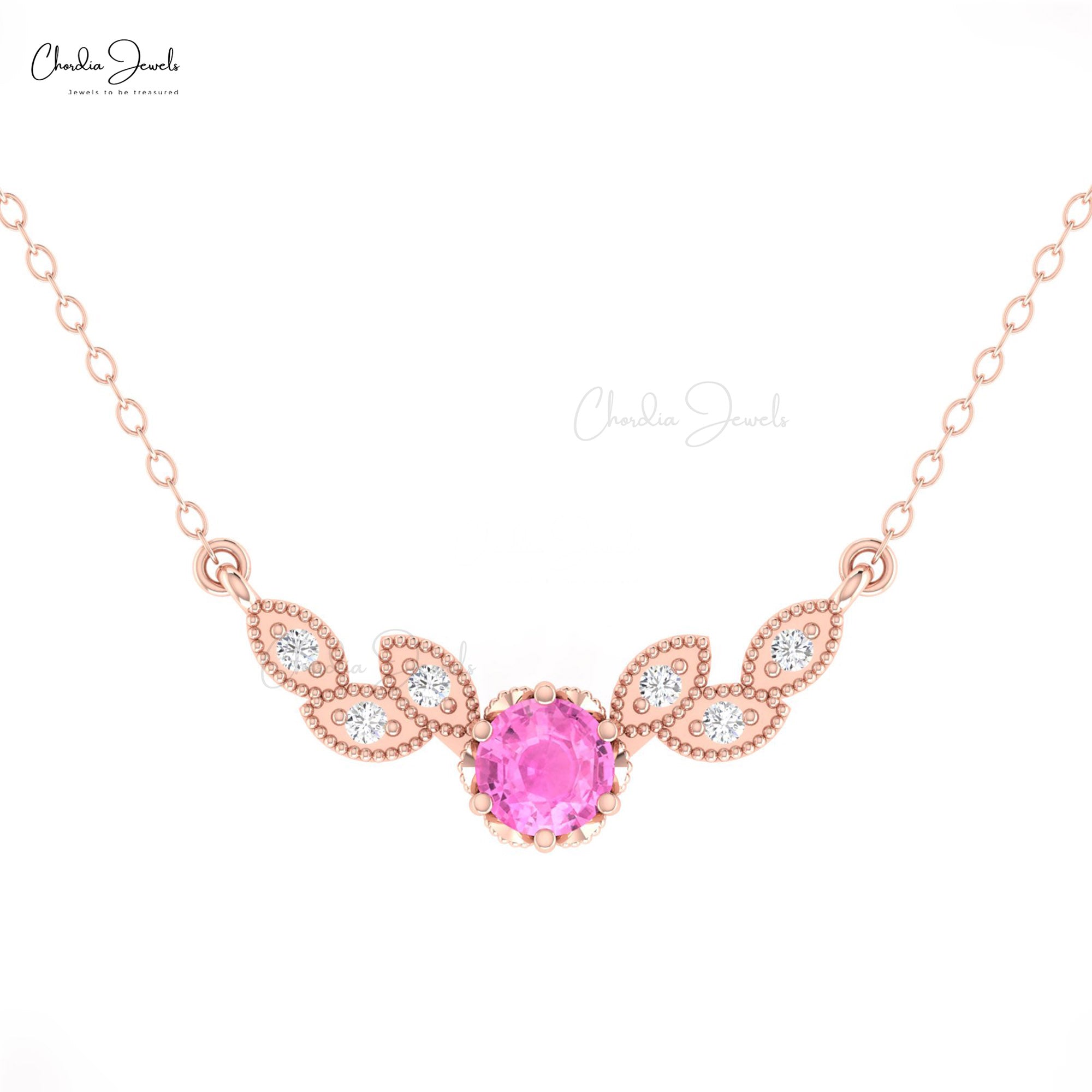 Miligrain Floral Chain Necklace In 14k Pure Gold Pink Sapphire And Pave Diamond Necklaces