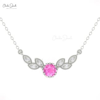 Miligrain Floral Chain Necklace In 14k Pure Gold Pink Sapphire And Pave Diamond Necklaces