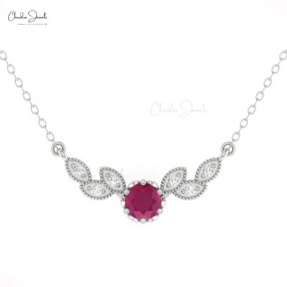 Floral Diamond Chain Necklace With 5mm Burma Ruby Gemstone 14k Pure Gold 7 Stone Necklaces