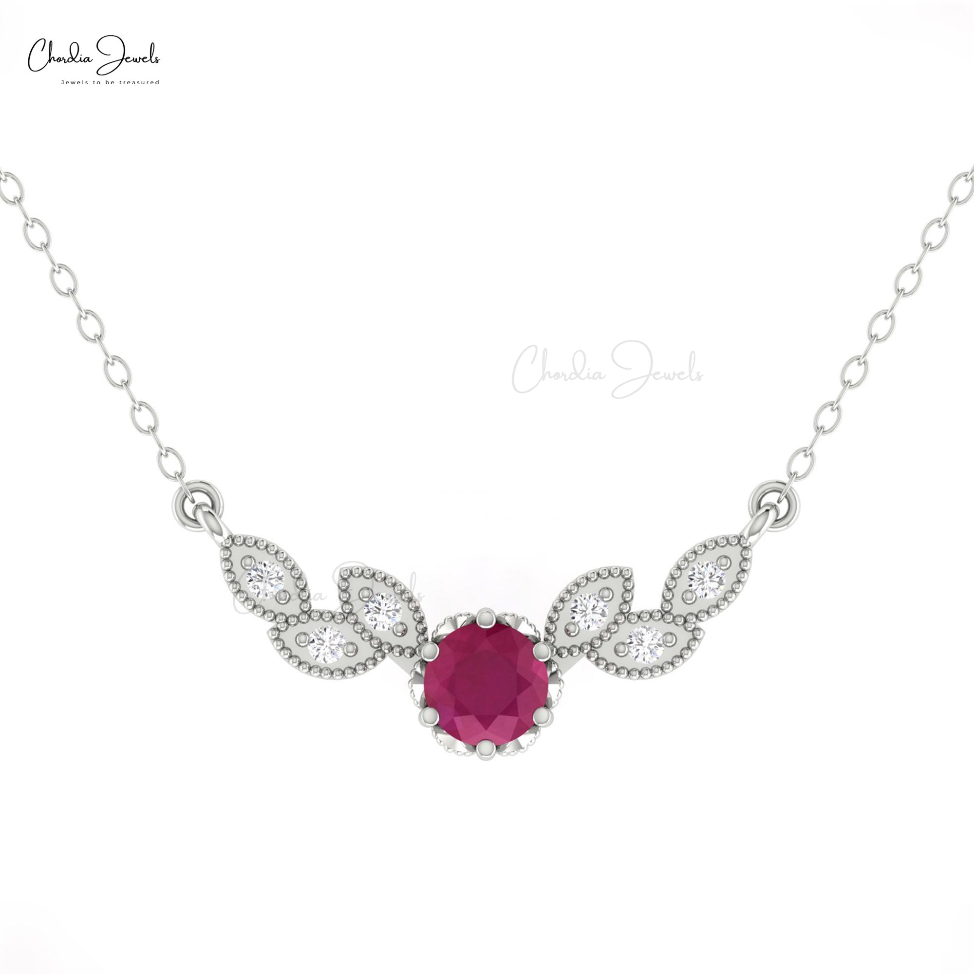 Floral Diamond Chain Necklace With 5mm Burma Ruby Gemstone 14k Pure Gold 7 Stone Necklaces