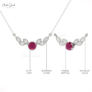 Floral Diamond Chain Necklace With 5mm Burma Ruby Gemstone 14k Pure Gold 7 Stone Necklaces