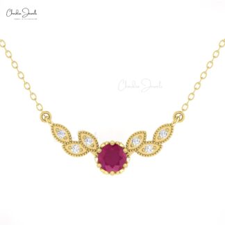 Floral Diamond Chain Necklace With 5mm Burma Ruby Gemstone 14k Pure Gold 7 Stone Necklaces