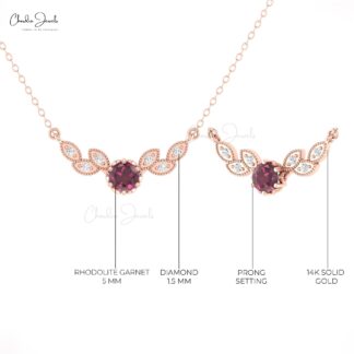 Real 14k Gold Diamond Wings Necklace With 5mm Rhodolite Garnet Floral Chain Necklaces