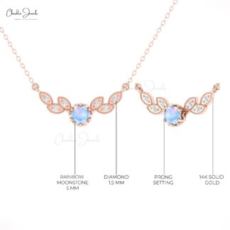 AAA Rainbow Moonstone Floral Necklace In 14k Real Gold Diamond Handmade Jewelry For Her