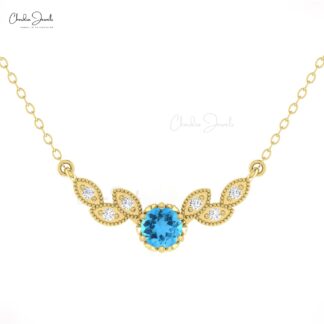 Natural Swiss Blue Topaz Floral Necklace In 14k Pure Gold Diamond Hallmark Wings Jewelry