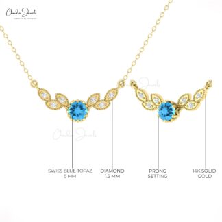 Natural Swiss Blue Topaz Floral Necklace In 14k Pure Gold Diamond Hallmark Wings Jewelry