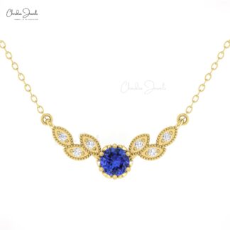 Miligrain Diamond Wings Necklace With 5mm Tanzanite 14k Solid Gold Chain Women Necklaces