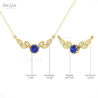 Miligrain Diamond Wings Necklace With 5mm Tanzanite 14k Solid Gold Chain Women Necklaces