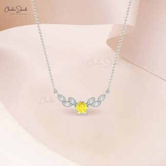 Floral 7 Stone Necklace In Real 14k Gold Yellow Sapphire 0.45 Ct Round And Diamond Jewelry
