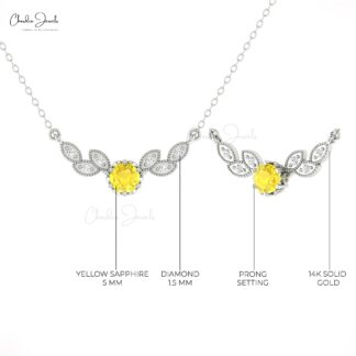 Floral 7 Stone Necklace In Real 14k Gold Yellow Sapphire 0.45 Ct Round And Diamond Jewelry