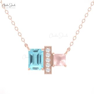 Gemstone Chain Necklace In 14k Real Gold Aquamarine And Rose Quartz Diamond Bar Necklaces