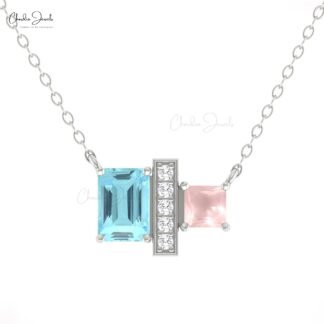 Gemstone Chain Necklace In 14k Real Gold Aquamarine And Rose Quartz Diamond Bar Necklaces