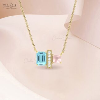 Gemstone Chain Necklace In 14k Real Gold Aquamarine And Rose Quartz Diamond Bar Necklaces