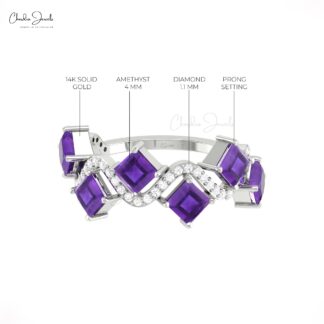 Real 14k Gold Half Eternity Ring With 0.72 Ct Amethyst And Diamond Proposal Rings For Her
