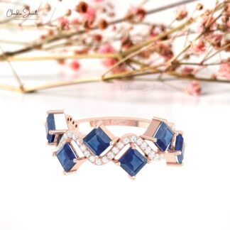 Delicate Diamond Halfway Ring With 0.72 Ct Blue Sapphire 14k Pure Gold Wave Bridal Ring