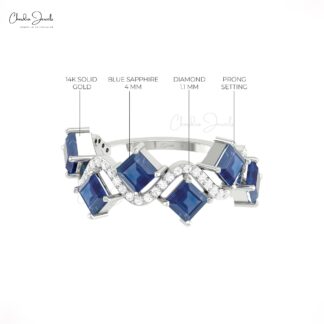 Delicate Diamond Halfway Ring With 0.72 Ct Blue Sapphire 14k Pure Gold Wave Bridal Ring