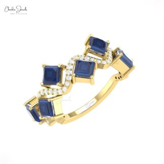 Delicate Diamond Halfway Ring With 0.72 Ct Blue Sapphire 14k Pure Gold Wave Bridal Ring