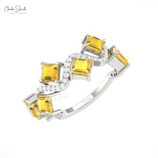 Square Citrine Half Eternity Ring In Solid 14k Gold G-H Diamond Wave Hallmark Rings