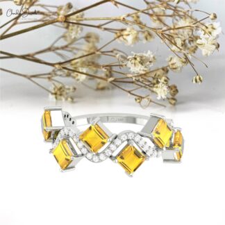 Square Citrine Half Eternity Ring In Solid 14k Gold G-H Diamond Wave Hallmark Rings
