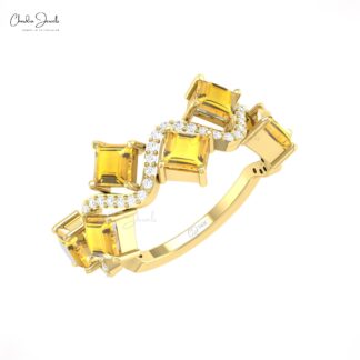 Square Citrine Half Eternity Ring In Solid 14k Gold G-H Diamond Wave Hallmark Rings