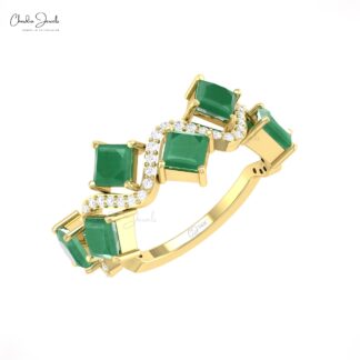 Half Eternity 6 Stone Ring With 4mm Emerald Gemstone And Diamond 14k Solid Gold Rings